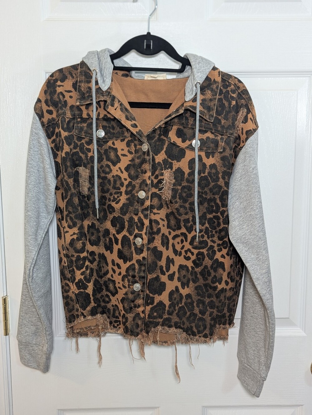 ODDI Leopard Denim Hoodie Jacket Women’s S/M Gray Sleeves Distressed Raw Hem